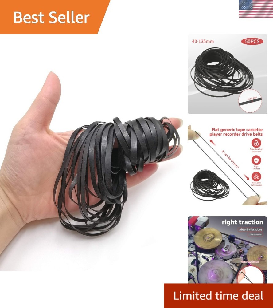 Cassette Recorder Belt Kit – 50 Flat Rubber Belts, 4mm Width, 40-135mm Range
