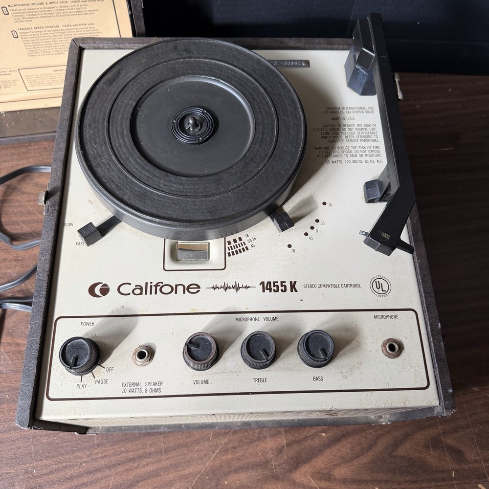 Vintage Califone 1455K Portable Record Player Semi-Works for Parts