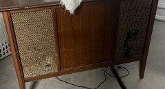 Vintage Wooden Console Radio Cabinet with Built-In Speaker & Grille Panels