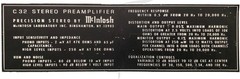 ORIGINAL McIntosh C32 STEREO PREAMPLIFIER INFORMATION DECAL PLATE STICKER TOP