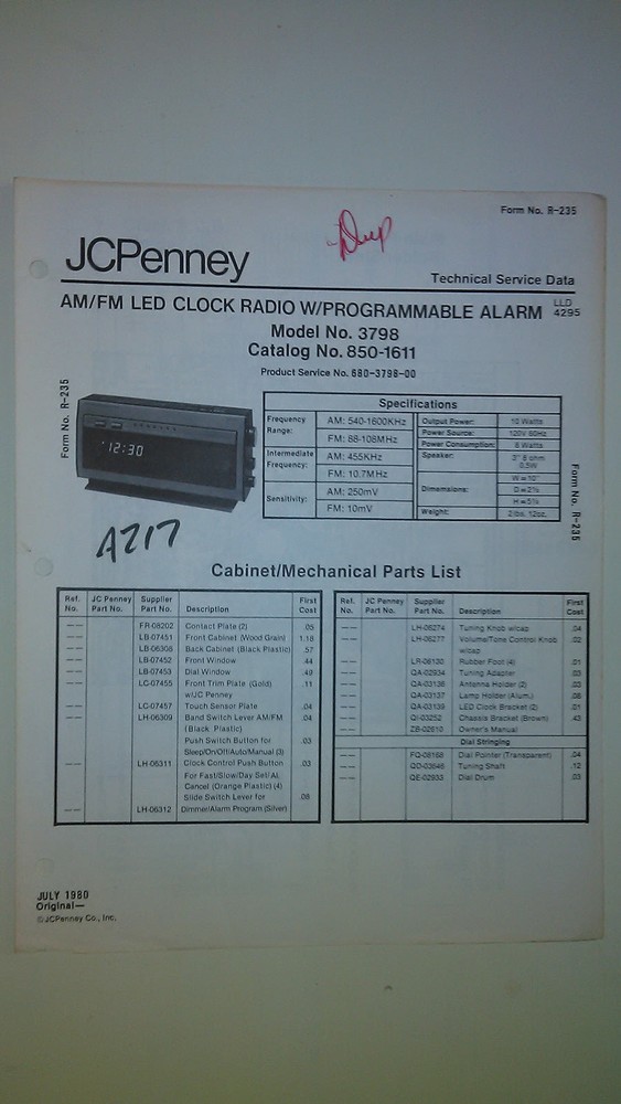 JCP JC Penney 3798 service manual original repair book alarm clock radio retro