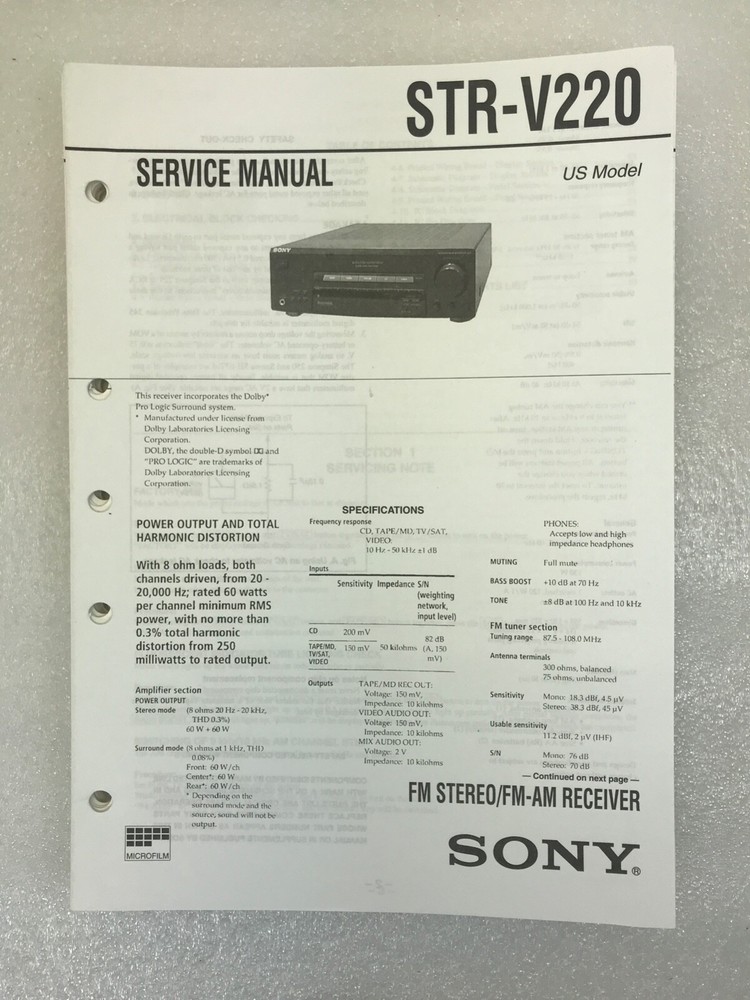 Original OEM Sony STR-V220 Service Manual Repair FM Stereo/FM-AM Receiver 1999