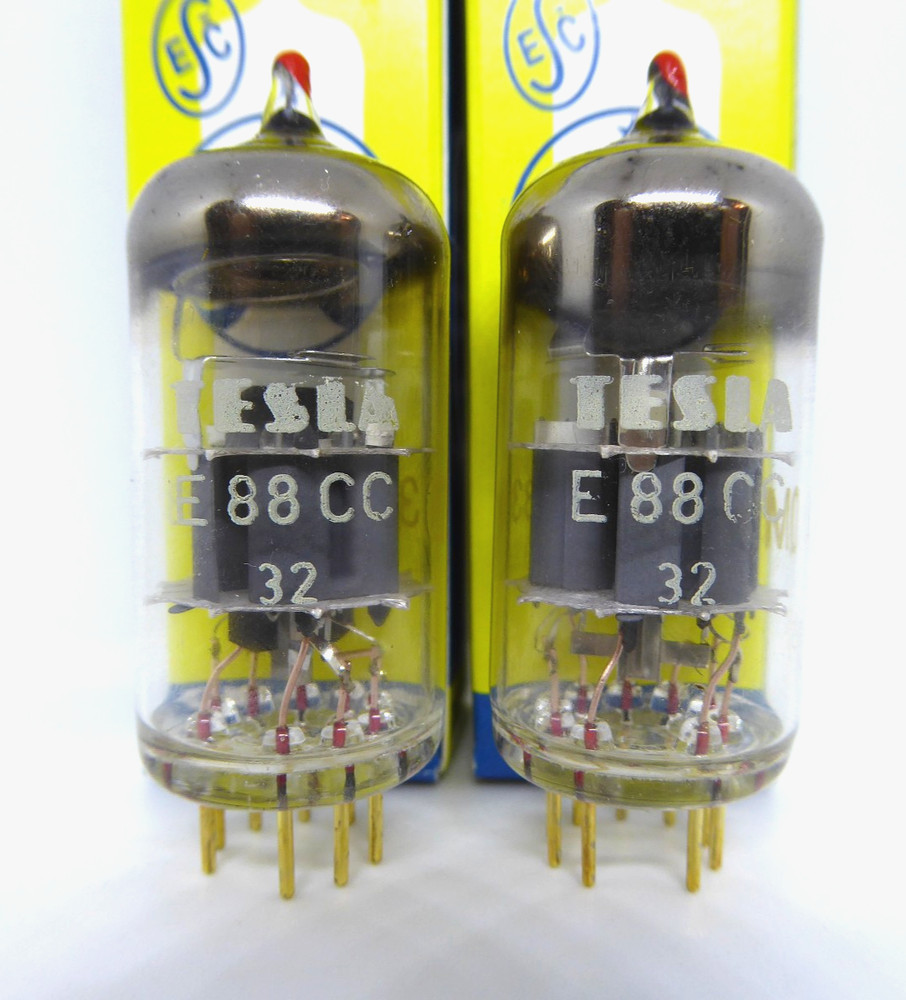 2x (PAIR!) TESLA E88CC (=6922 CCa CV2492) Gold Pins, Red Top, 1974 NOS, 100%