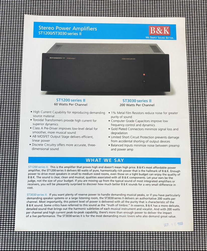 BK COMPONENTS STEREO POWER AMPLIFIERS ST1200/ST3030 SERIES II INFO. PAGE J0331