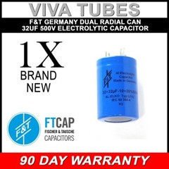 New F&T Germany Dual Section Radial 32uF + 32 uF 500V Electrolytic Can Capacitor