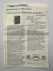 Vintage Realistic Minimus 2.5 #40-1999 Bookshelf Speakers, PAIR, 1984 Paper
