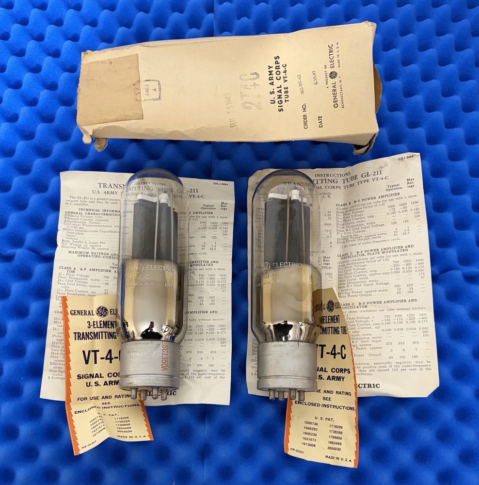 TWO GE VT-4-C Tubes / Matched Within 1% Gm / Amplitrex Tested +100% / 211 / 1940