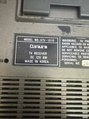 Vintage Osaka KTV-1010 Deluxe Portable 5” B&W CRT TV 1985 Korea Retro